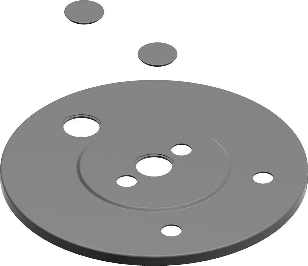 Grauer runder Deckel mit mehreren Löchern in der Mitte und zwei kleinen runden Abdeckungen. Produkt von Bosch, geeignet für verschiedene Anwendungen.